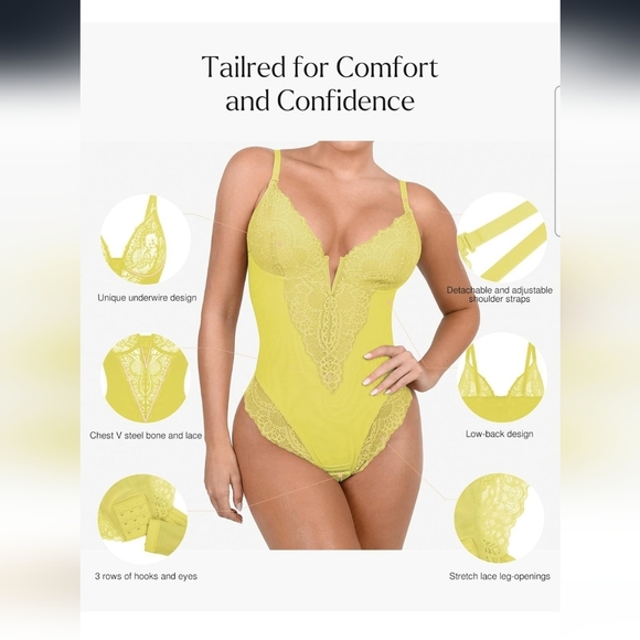 Popilush Yellow Lace V Neck Corset Shapewear Tummy Control Bodysuit Size XXL - Picture 3 of 11